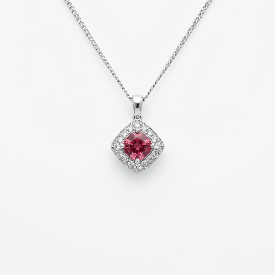 Cushion Cut Pink Spinel & Diamond Halo Pendant | 18ct White Gold