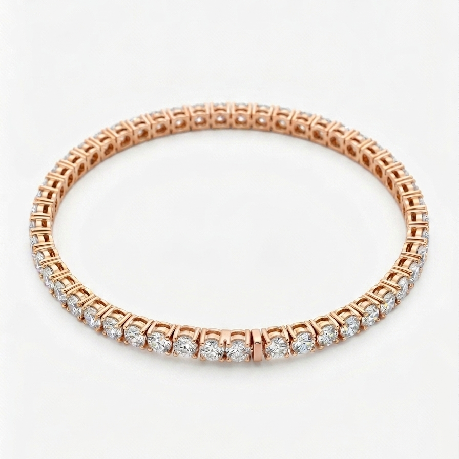 Rose gold tennis bracelet with clear stones on a white background