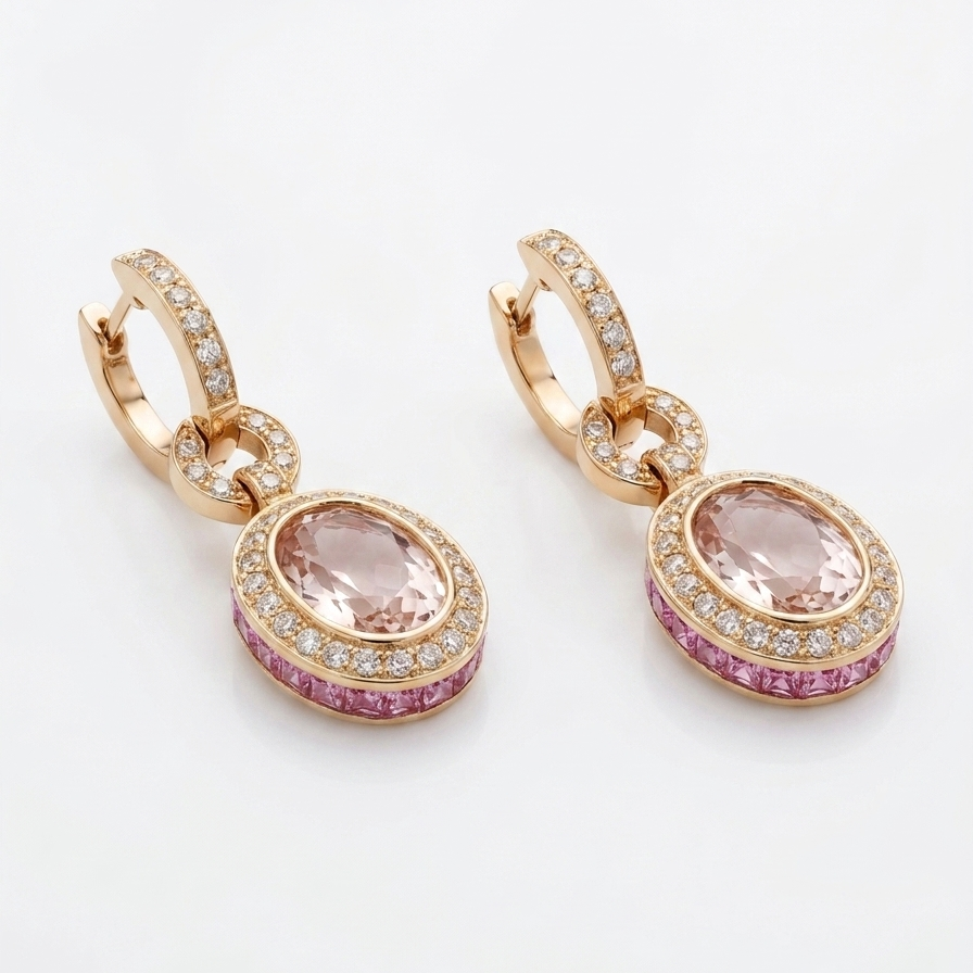 Pair of gold earrings with pink gemstones on a white background
