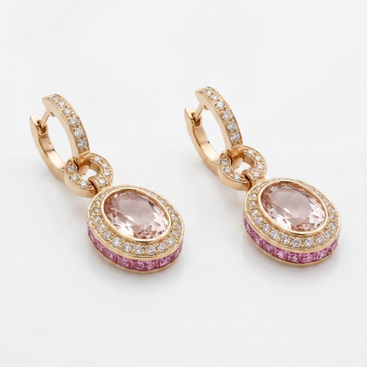 Pair of gold earrings with pink gemstones on a white background