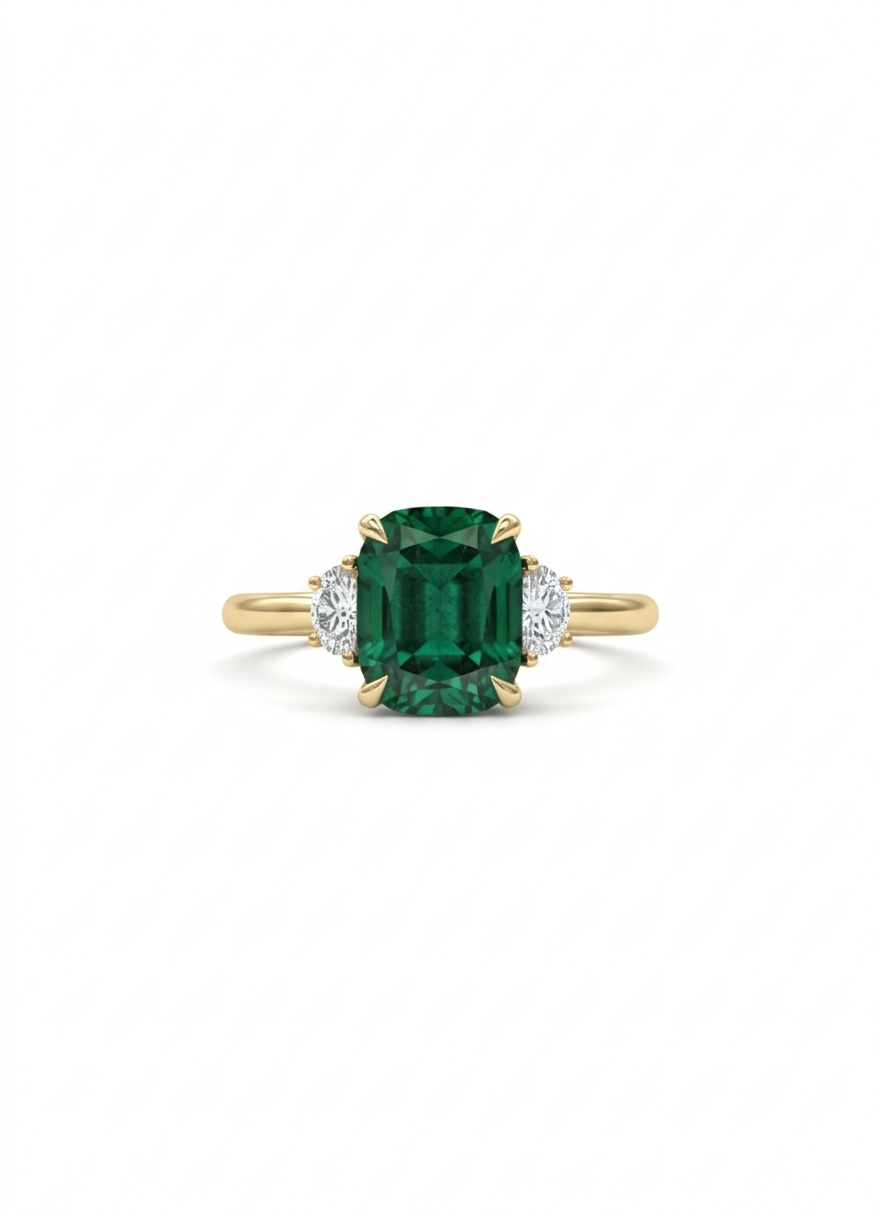 Gold ring with a green gemstone and diamond accents on a white background