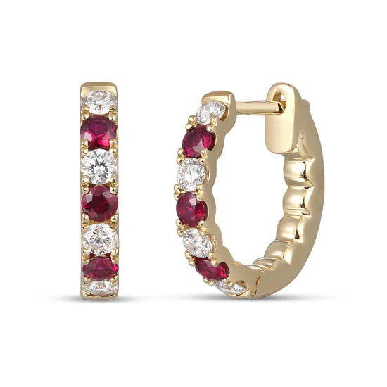 18ct White or Yellow Gold Medium Hoop Earrings with Rubies & Diamonds