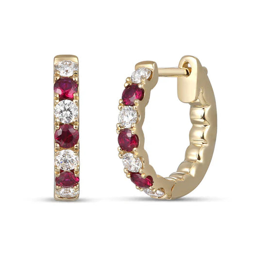 18ct White or Yellow Gold Medium Hoop Earrings with Rubies & Diamonds