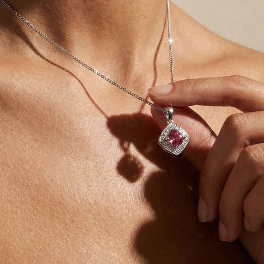 pink cusion cut spinell diamond necklace on a model 