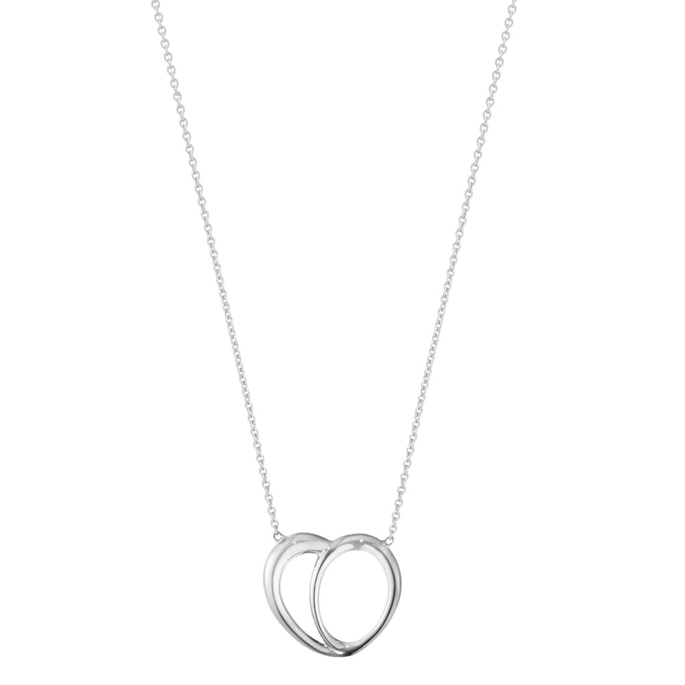 Silver necklace with a heart-shaped pendant on a white background