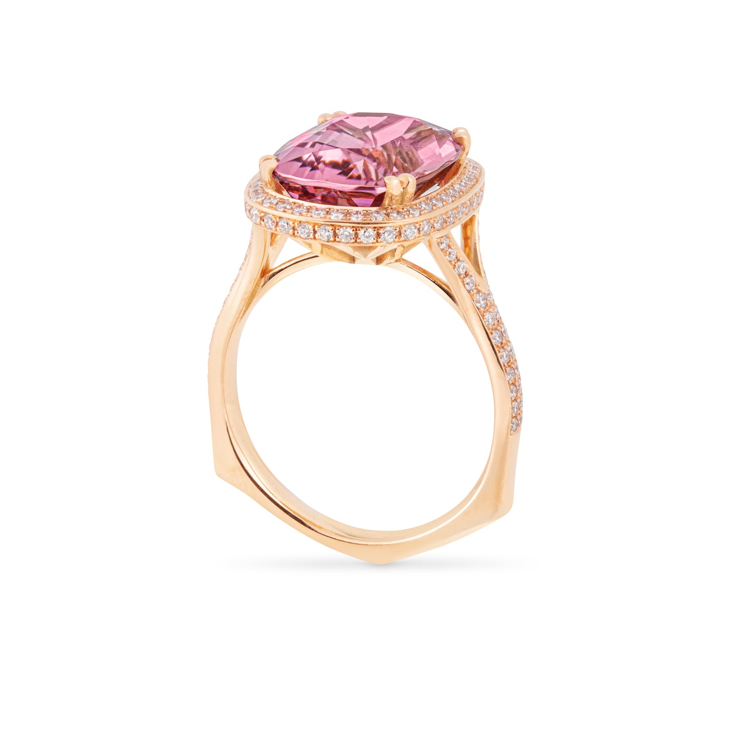 Rose gold ring with a pink gemstone and diamond accents on a white background