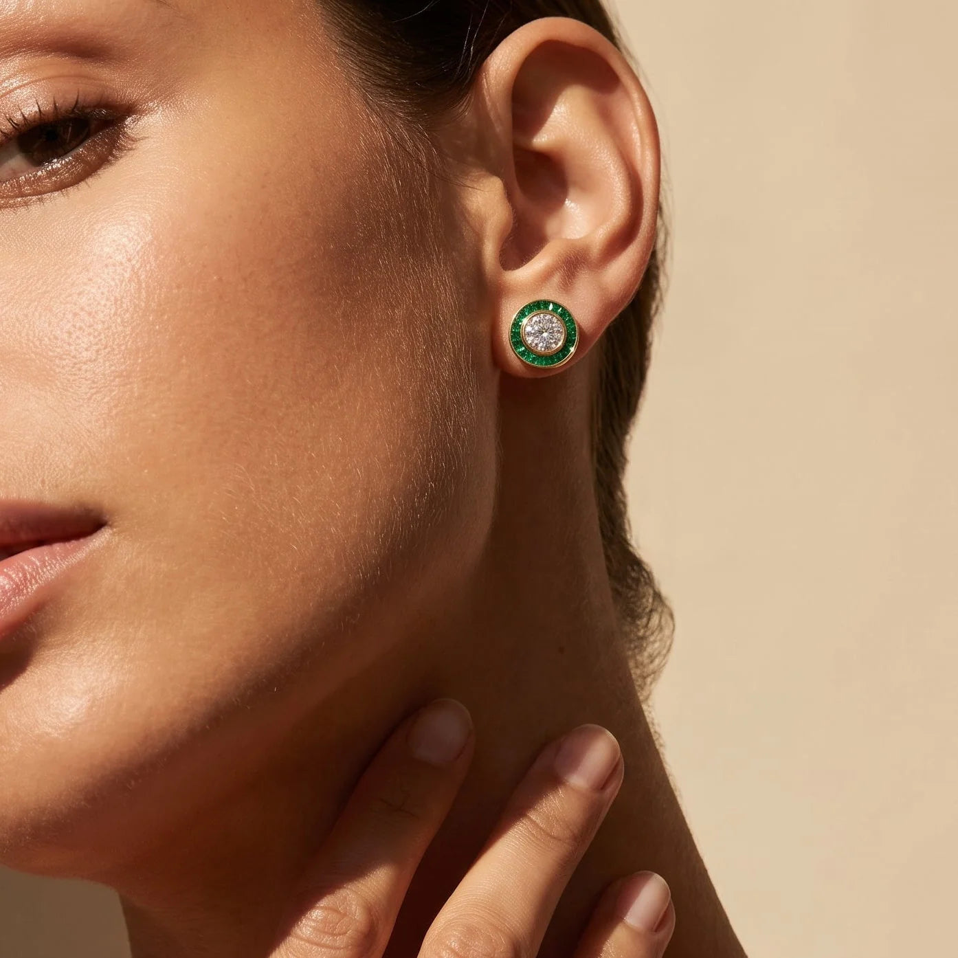Art Deco Gold Diamond Earrings | Emerald Halo