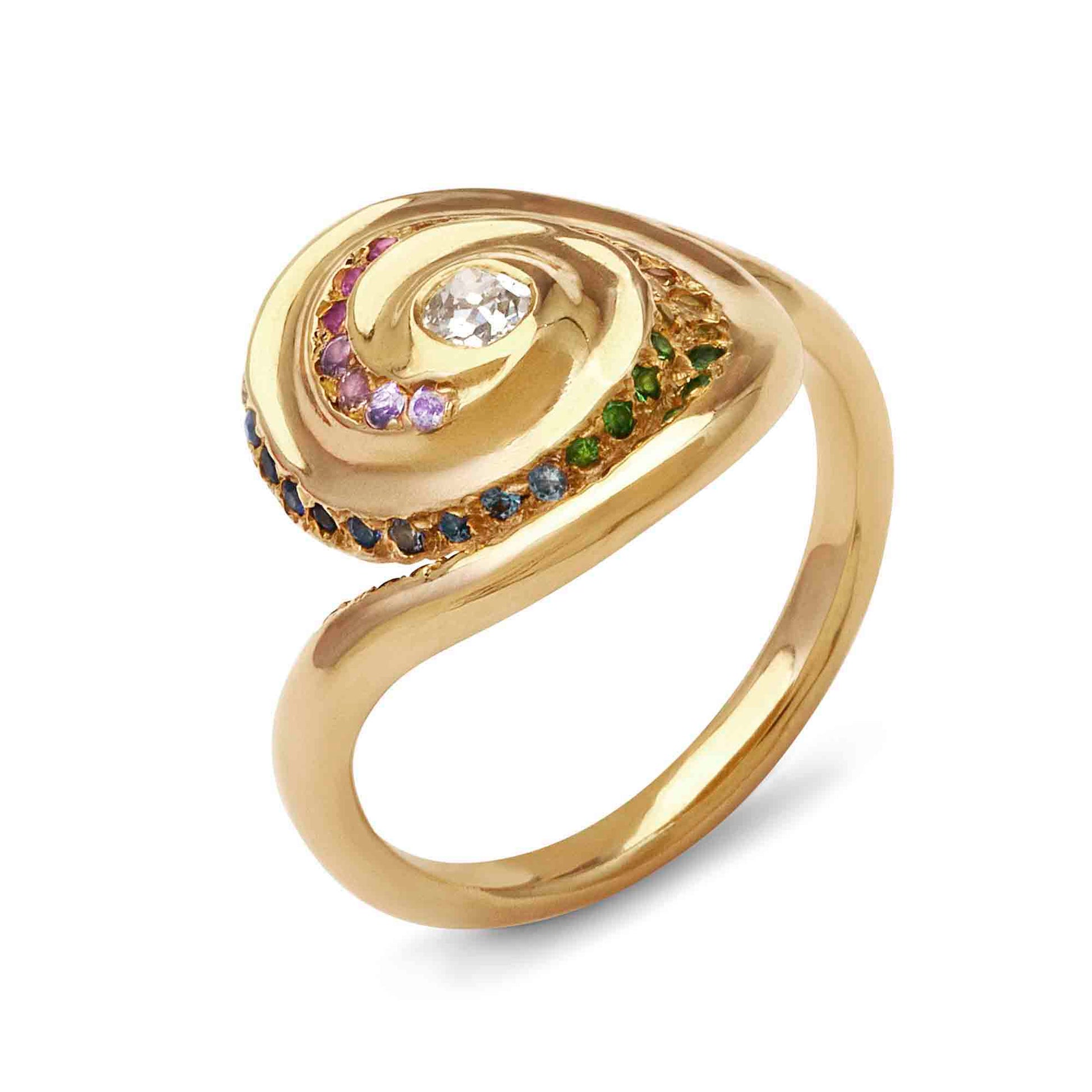 Jennifer House 18ct Gold Spiral Rainbow Ring three quarter view