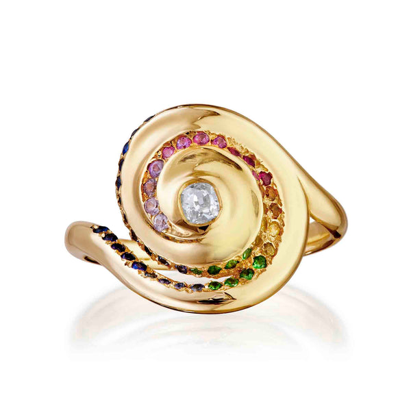 Jennifer House 18ct Gold Spiral Rainbow Ring straight on view