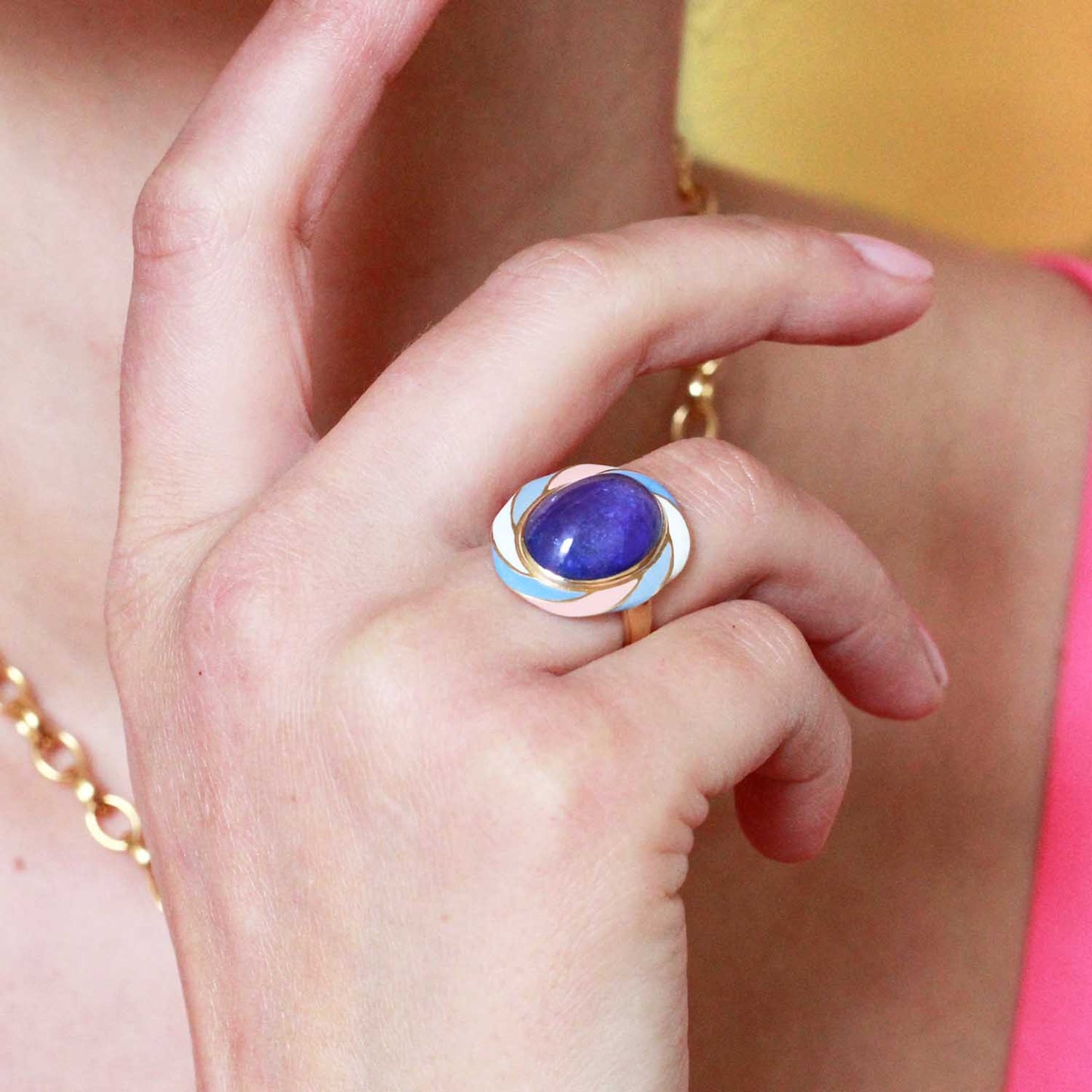 Jennifer House Rock Candy Parma Violet Ring worn on a model