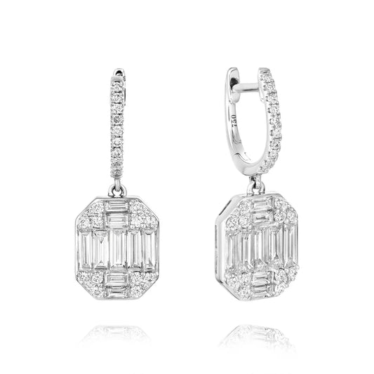 18ct White Gold Diamond Rectangle Drop Earrings with Hoop – 1.11ct Total