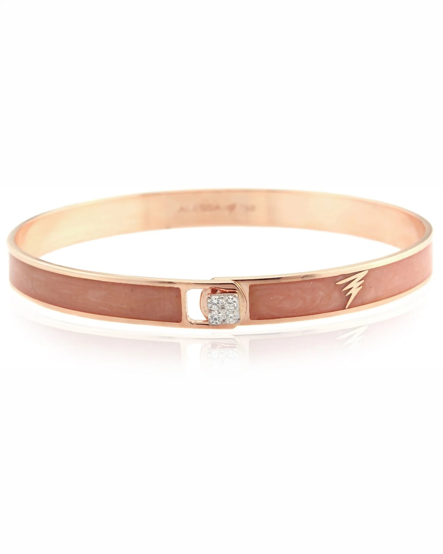 A rose gold bangle bracelet with a central square bezel set with small clear stones, flanked by two horizontal rose gold inlays with a subtle chevron pattern.