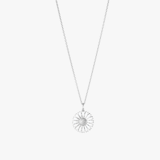 Silver necklace with a sunflower pendant on a white background