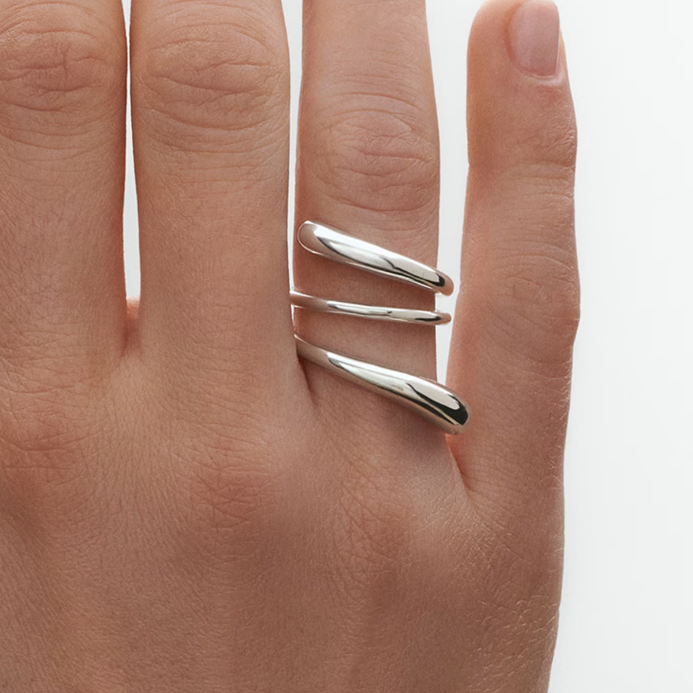 Silver ring on a person's finger against a white background
