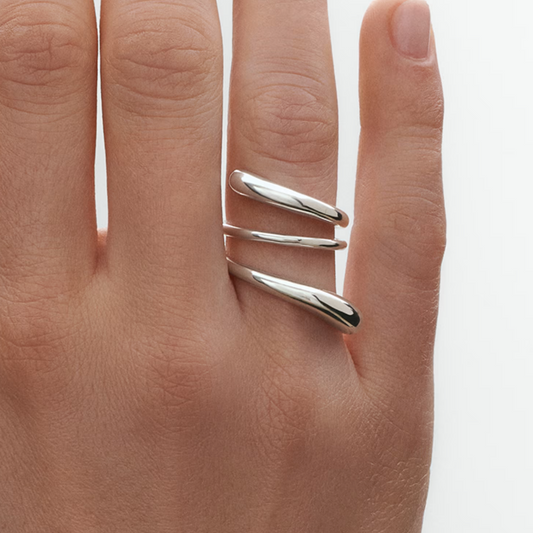 Silver ring on a person's finger against a white background