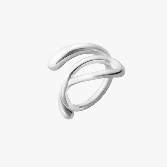 Silver ring with a modern design on a white background