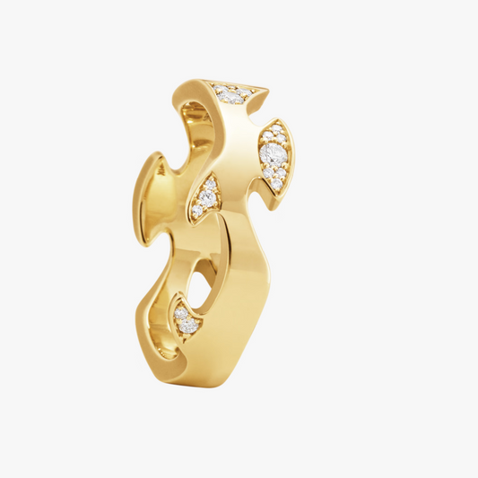 Gold earring with diamond accents on a white background