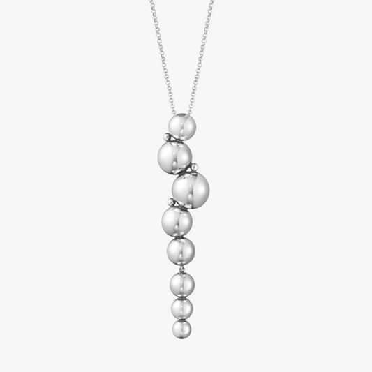 Silver necklace with spherical beads on a white background