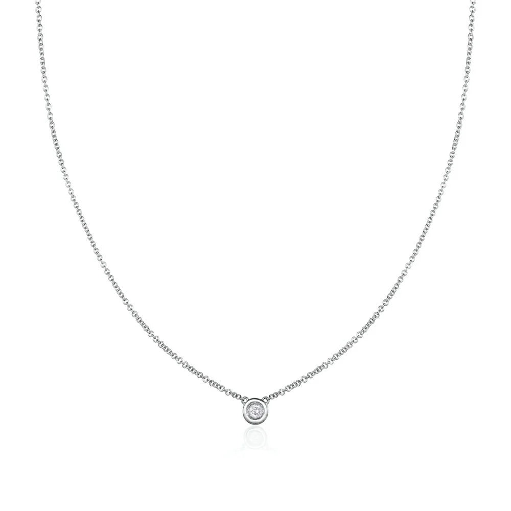 single diamond white gold necklace on a white background