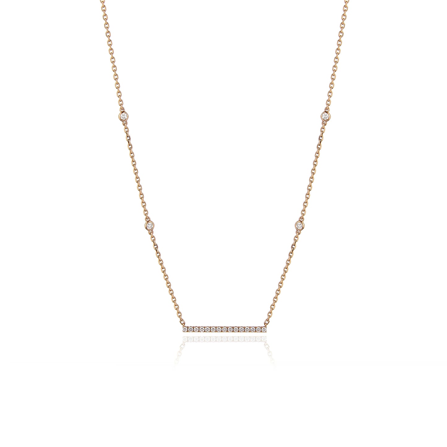A yellow gold necklace featuring a bar pendant with diamonds, accompanied by a chain with multiple adjustable lengths.