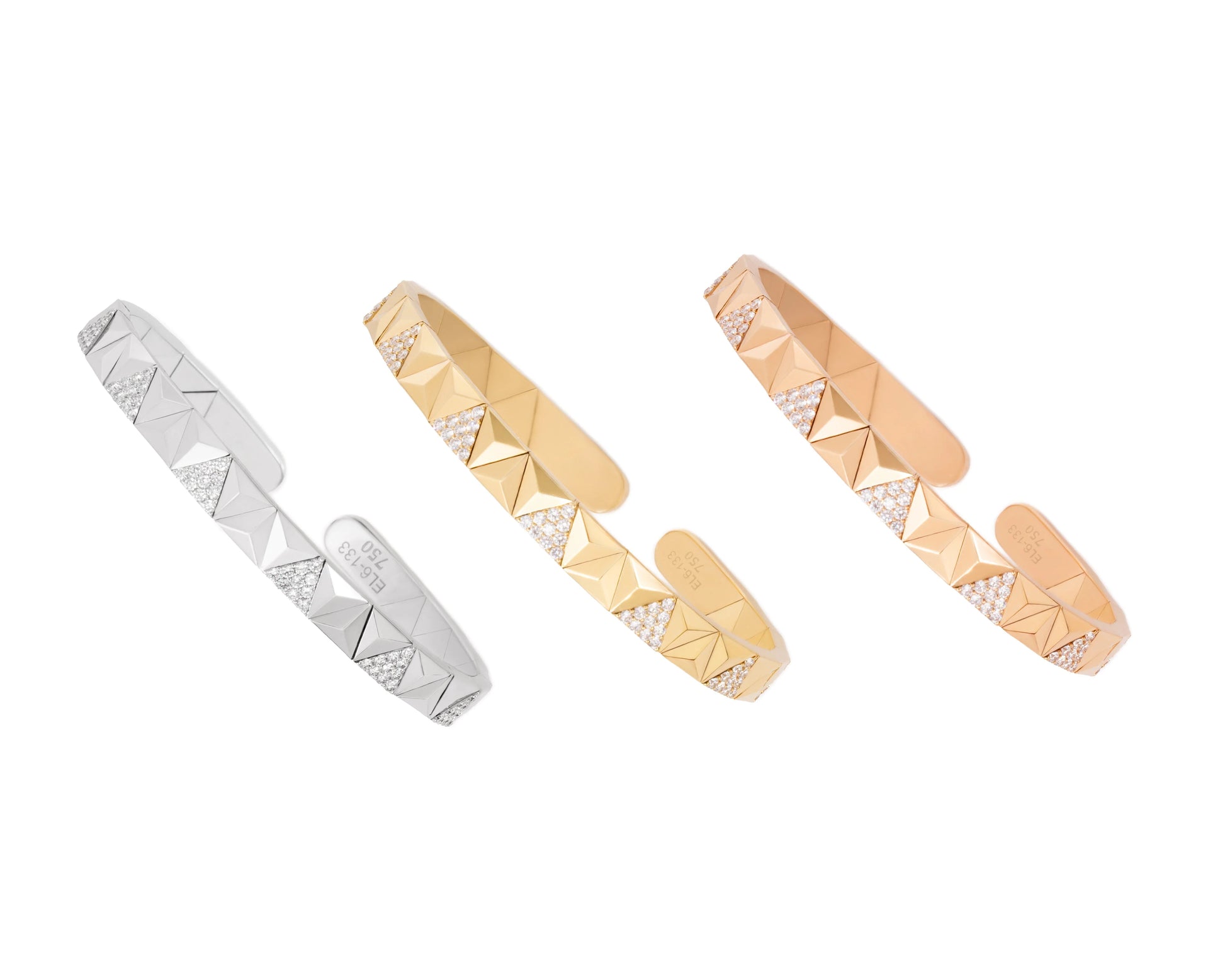 Three textured cuff bracelets with geometric triangular facets, shown in silver, yellow gold, and rose gold on a solid white background.