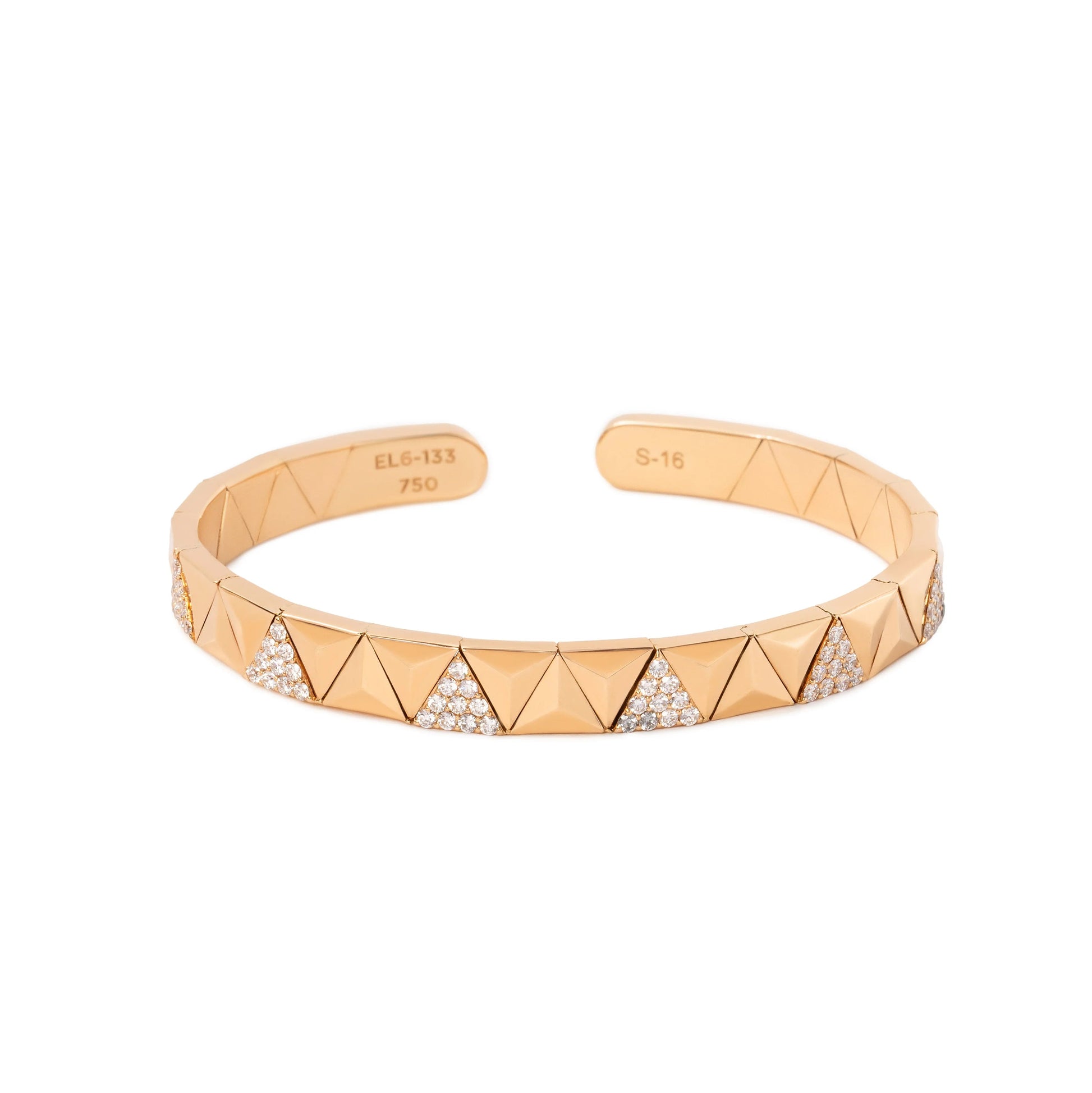 A rose gold cuff bracelet with a geometric triangle pattern, featuring pavé-set clear crystals in the triangular gaps, shown on a plain white background.
