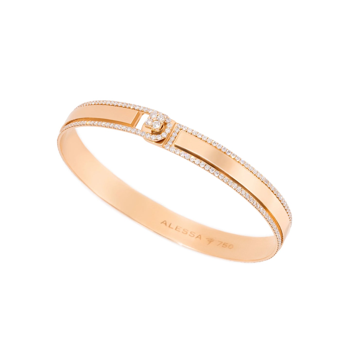 Rose gold bracelet with diamond accents on a white background