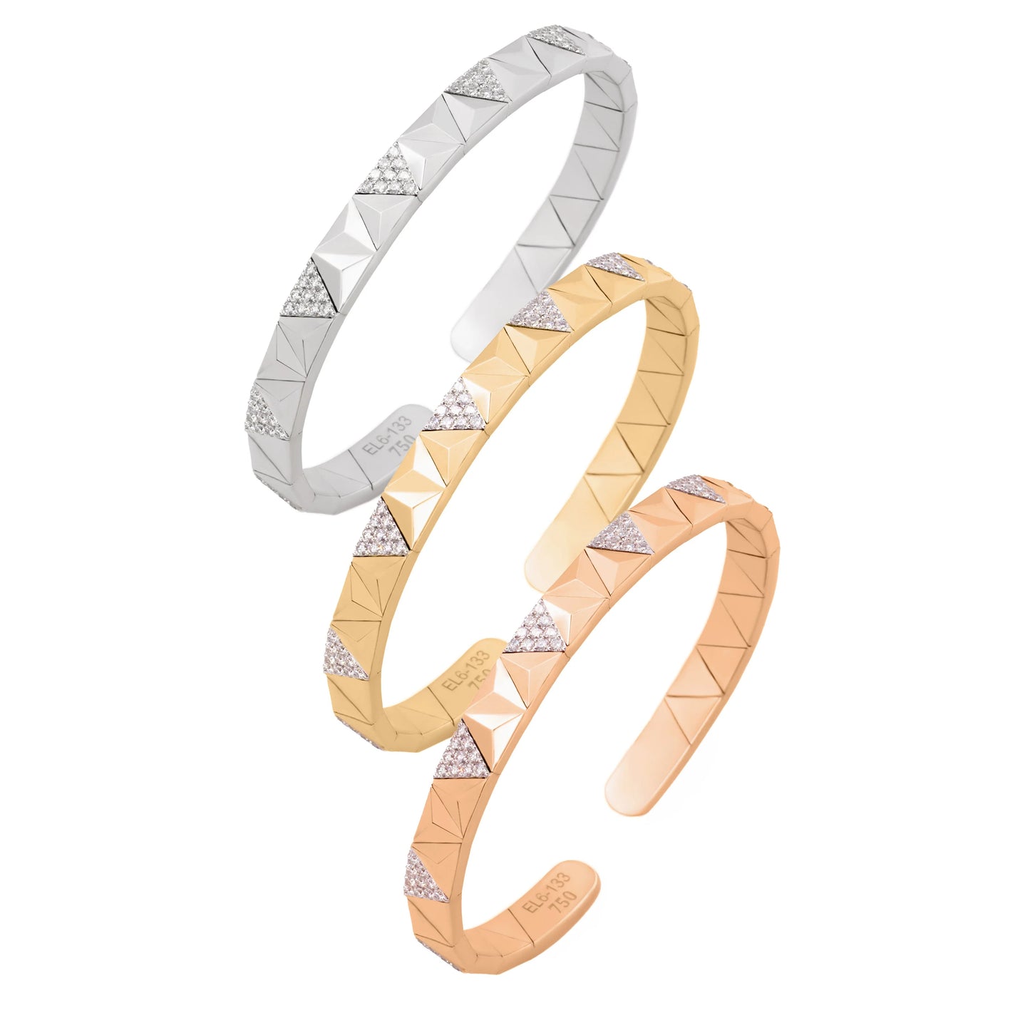 Three open cuff bracelets arranged diagonally on a white background, each featuring a textured geometric pattern with triangular diamond-cut details. The top bracelet is silver, the middle is yellow gold, and the bottom is rose gold, all with small clear stone accents.