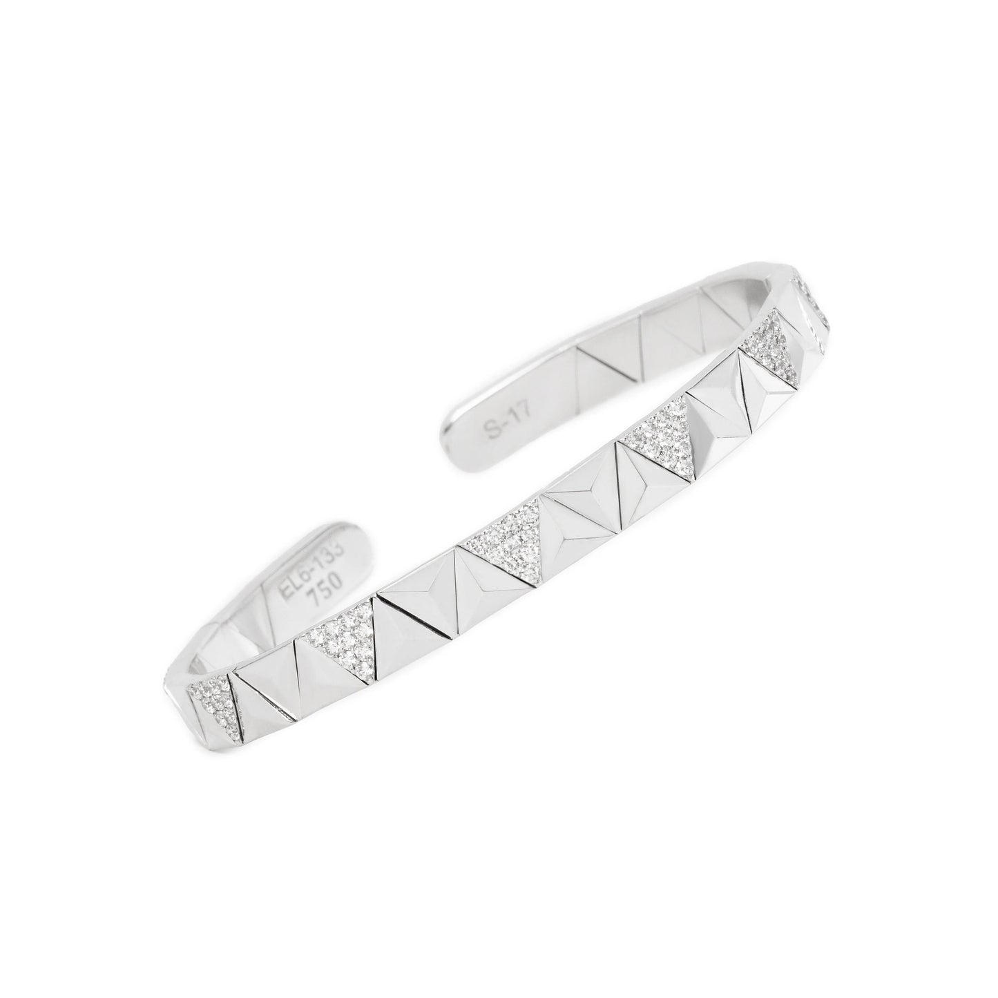 A white gold cuff bracelet with a geometric triangular pattern and pavé-set clear stones, shown on a plain white background.