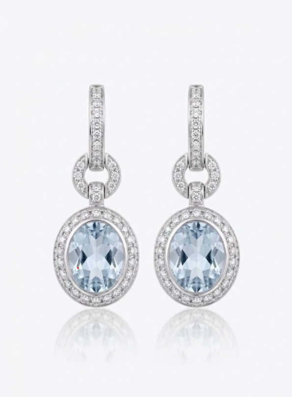 Aquamarine & Diamond Drop Earrings with "Secret" Blue Sapphire Halo | 18ct White Gold
