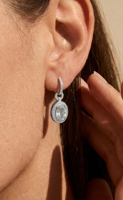 Aquamarine & Diamond Drop Earrings with "Secret" Blue Sapphire Halo | 18ct White Gold