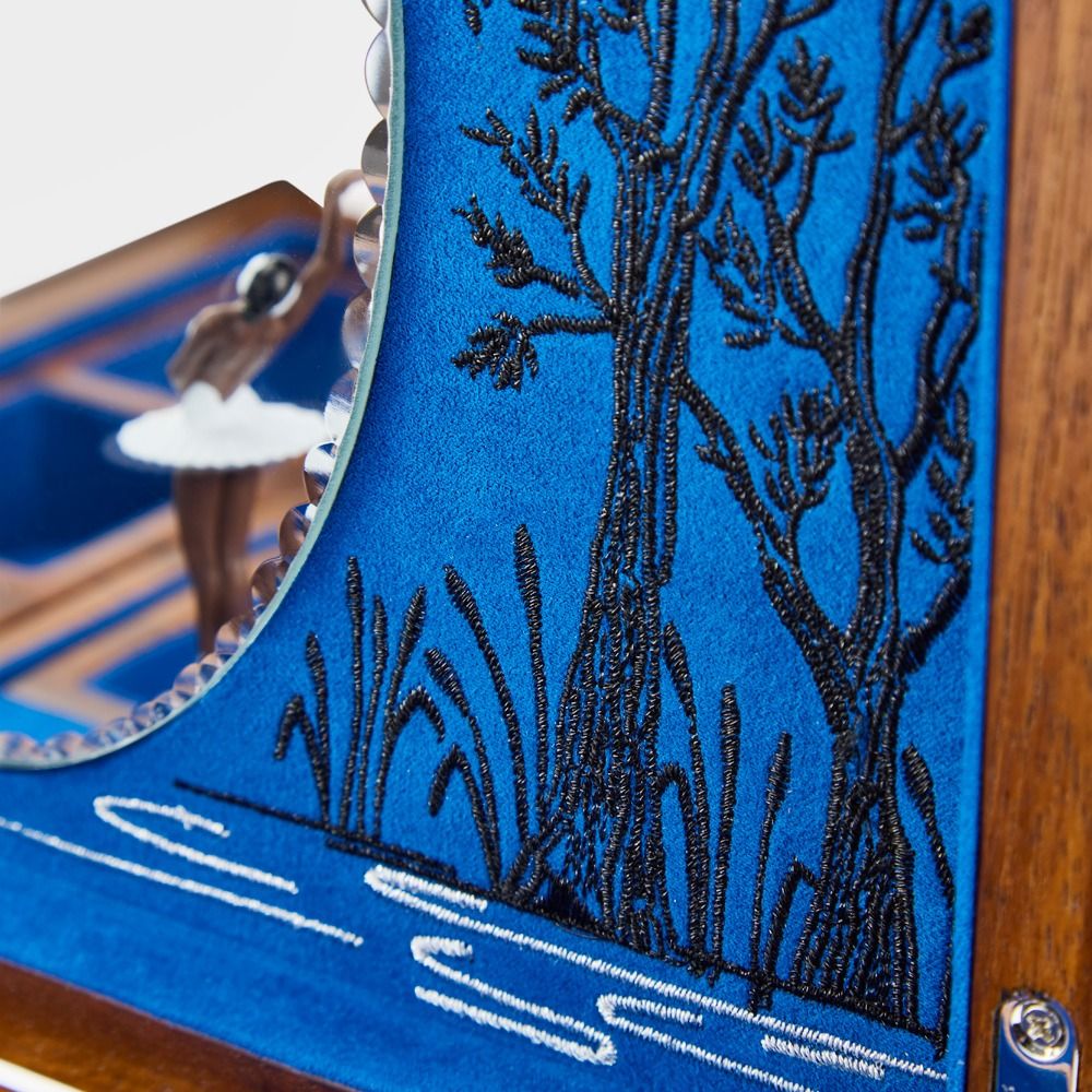 Embroidered design of a landscape with trees and water on blue fabric.
