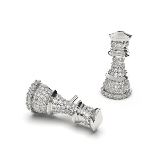 Chess Queen Stud Earrings | White Gold Pavé Diamond Earrings