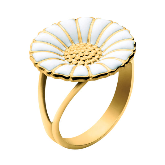 Gold ring with a white floral design on a white background