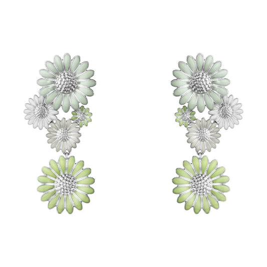 Floral earrings with green and white flowers on a white background