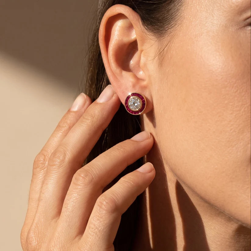 Art Deco Gold Diamond Earrings | Ruby Halo