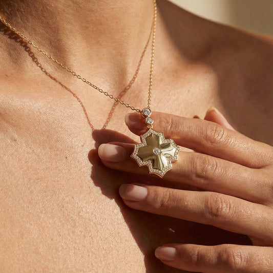 Close-up of a person wearing a gold necklace with a star-shaped pendant, hand touching skin.
