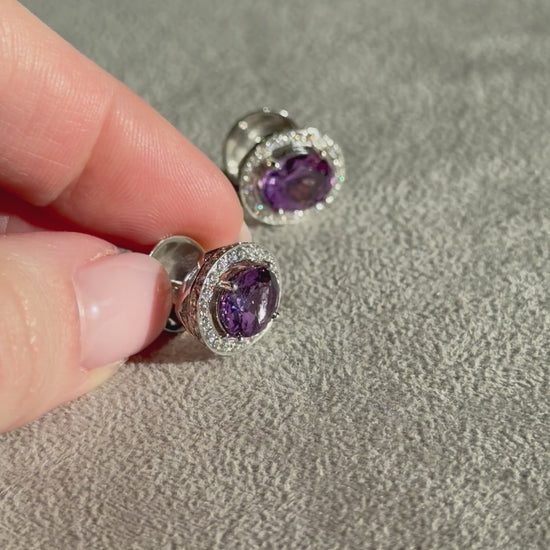 white gold white diamond halo amethyst earrings 