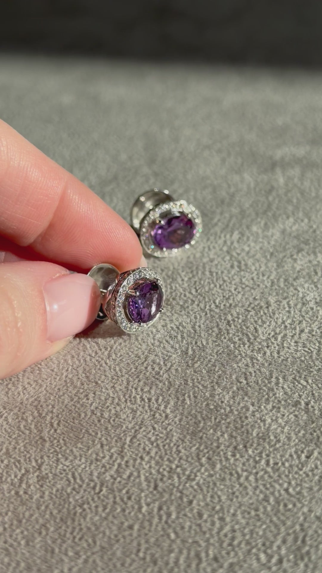white gold white diamond halo amethyst earrings 