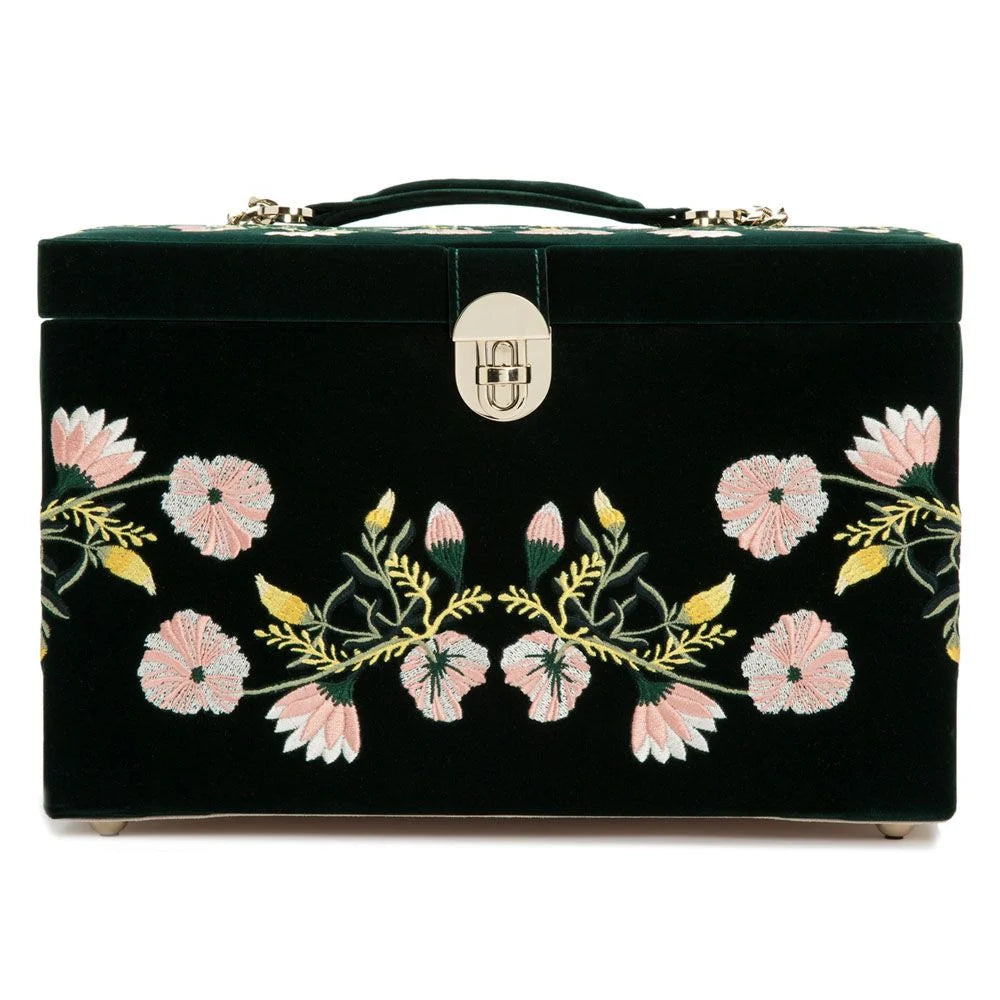 green jewelry box with floral embroidery on a white background