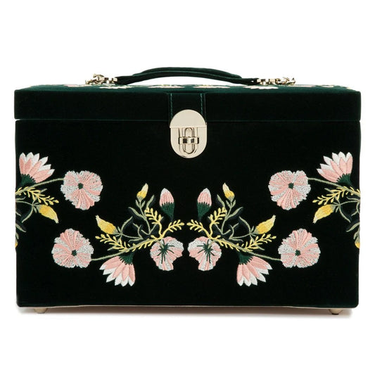green jewelry box with floral embroidery on a white background