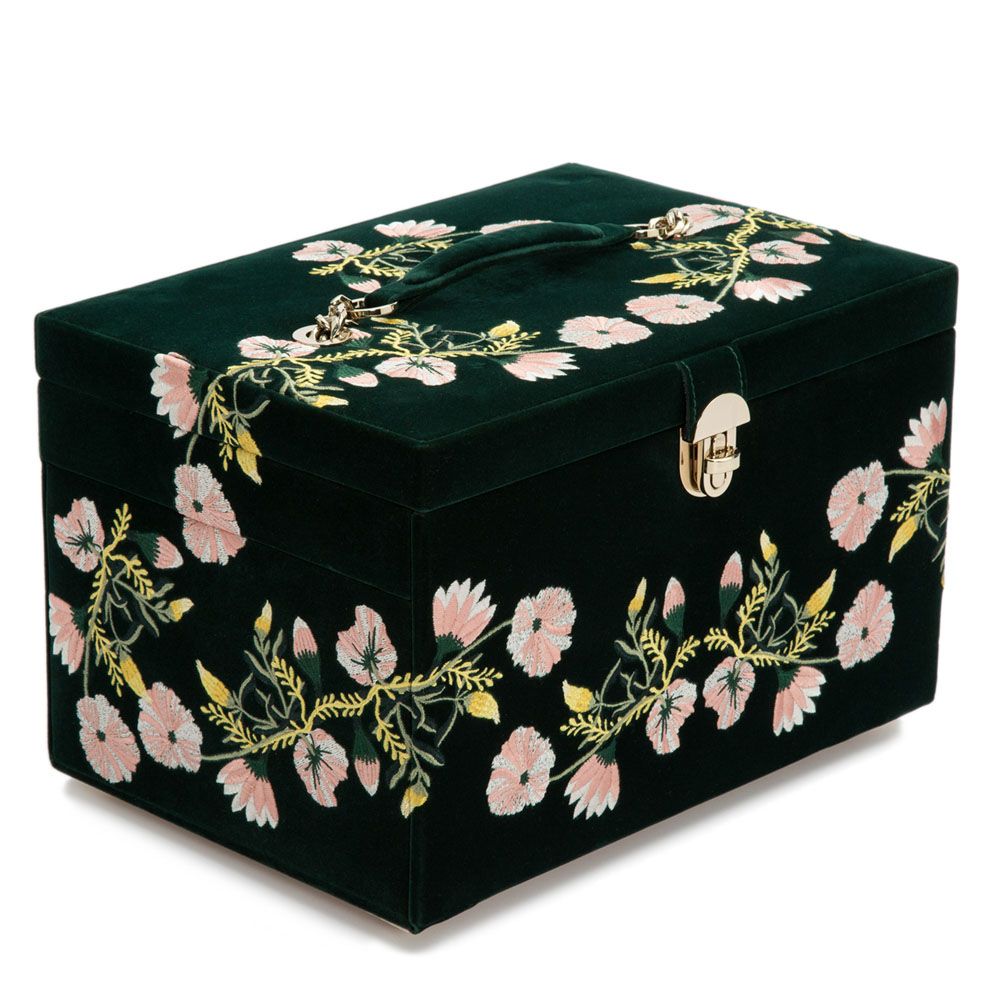 Floral-patterned box with a handle on a white background