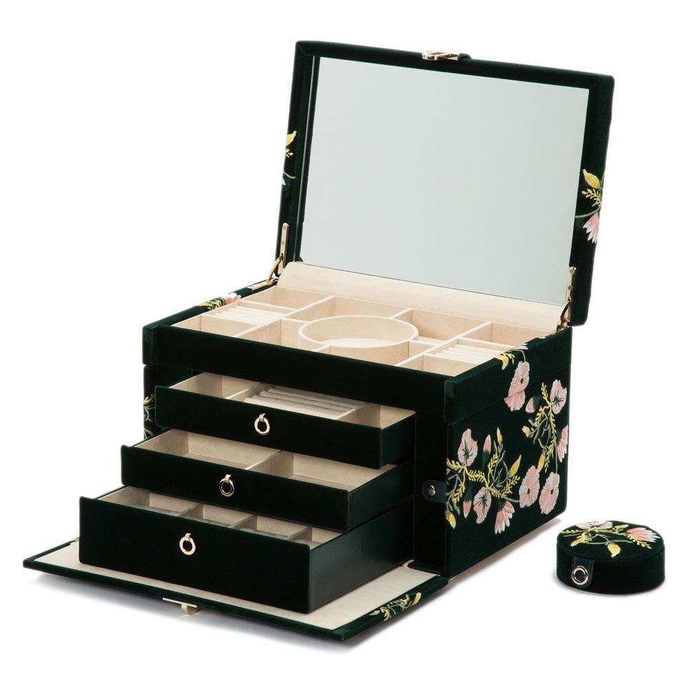 Jewelry box with floral design and multiple drawers on a white background