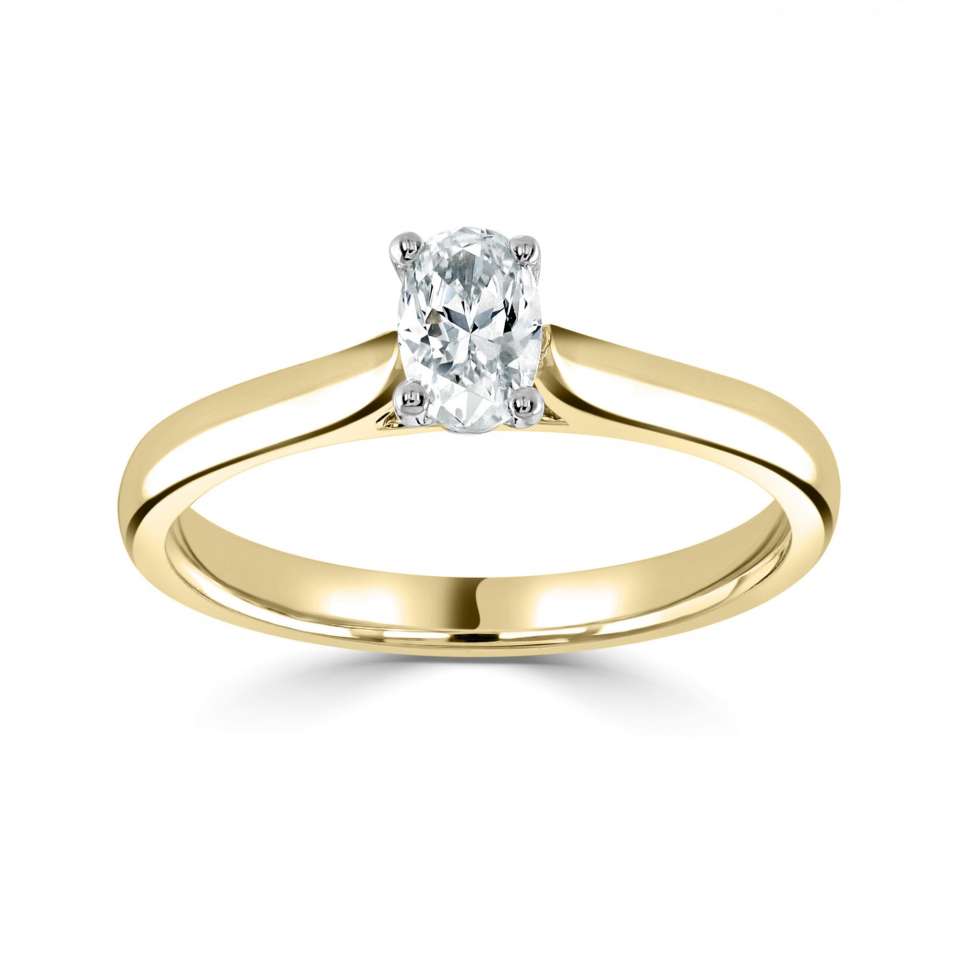 Yellow Gold WHite Diamond Oval Cut Engagement Ring 