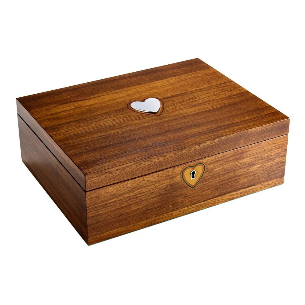 Wooden box with heart-shaped lock and keyhole on a white background