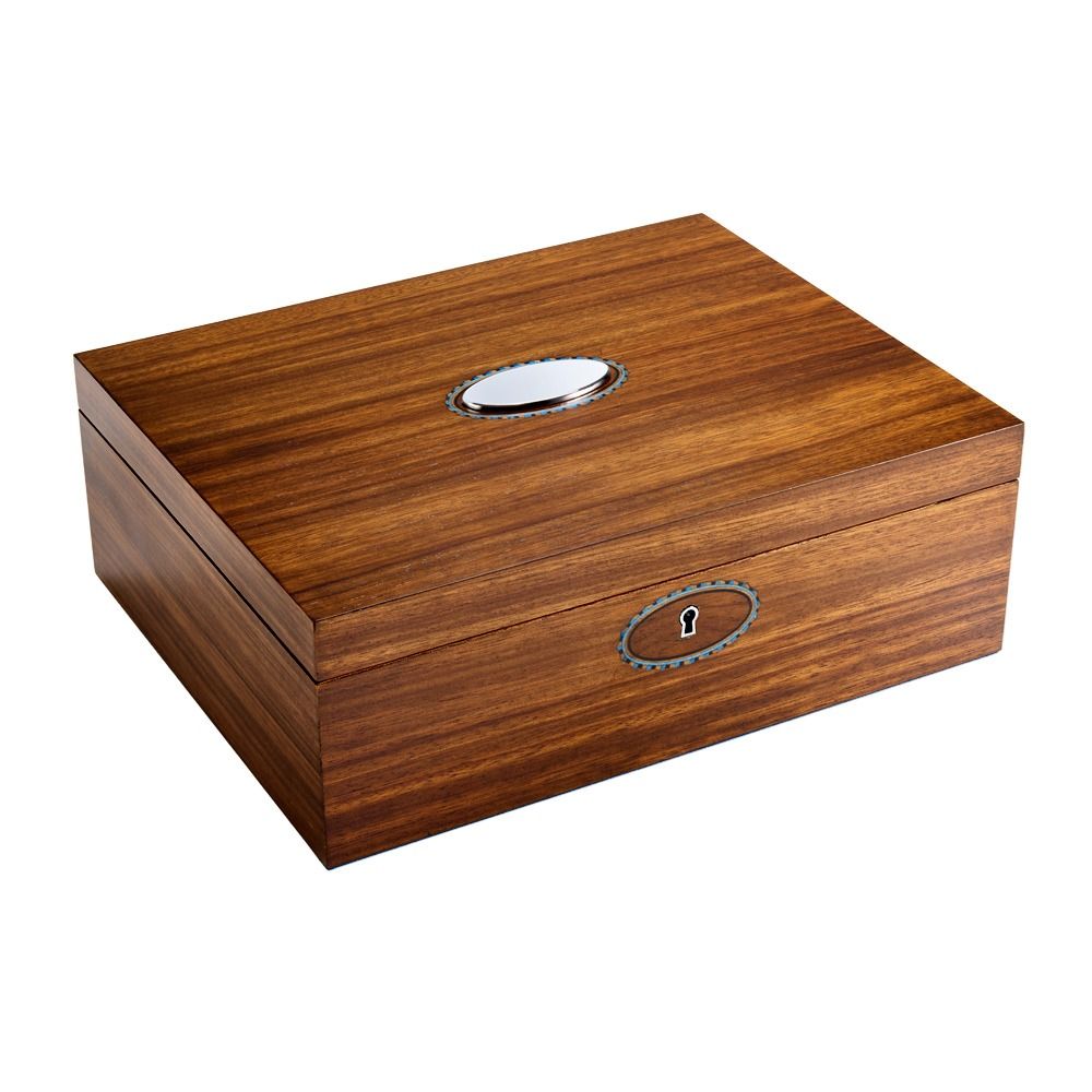 Wooden humidor with silver emblem on a white background