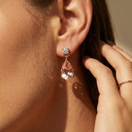 Close-up of a person wearing a sparkling earring with a blurred background