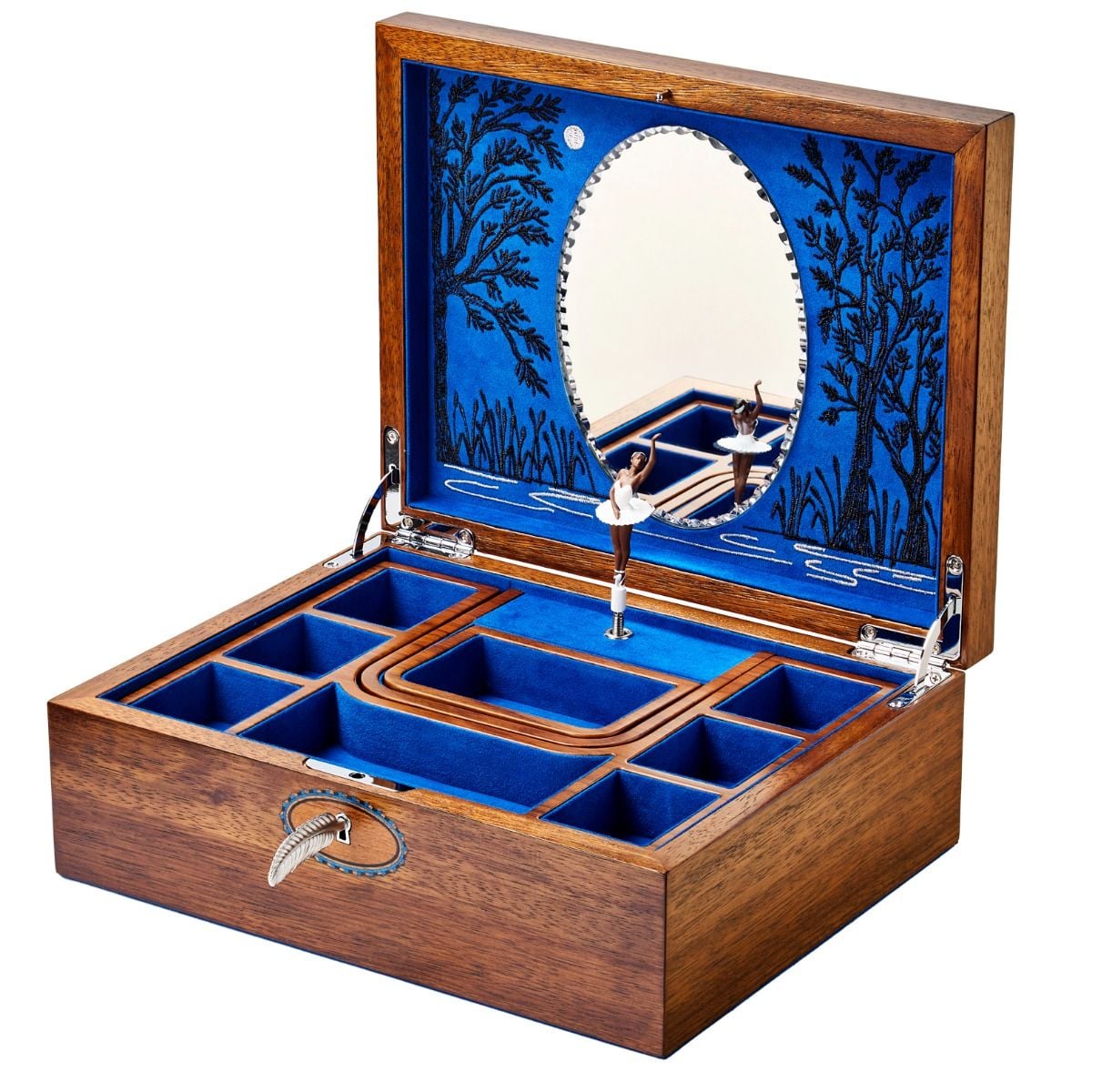 Wooden jewelry box with blue interior and musical mechanism, featuring a tree design on the lid.