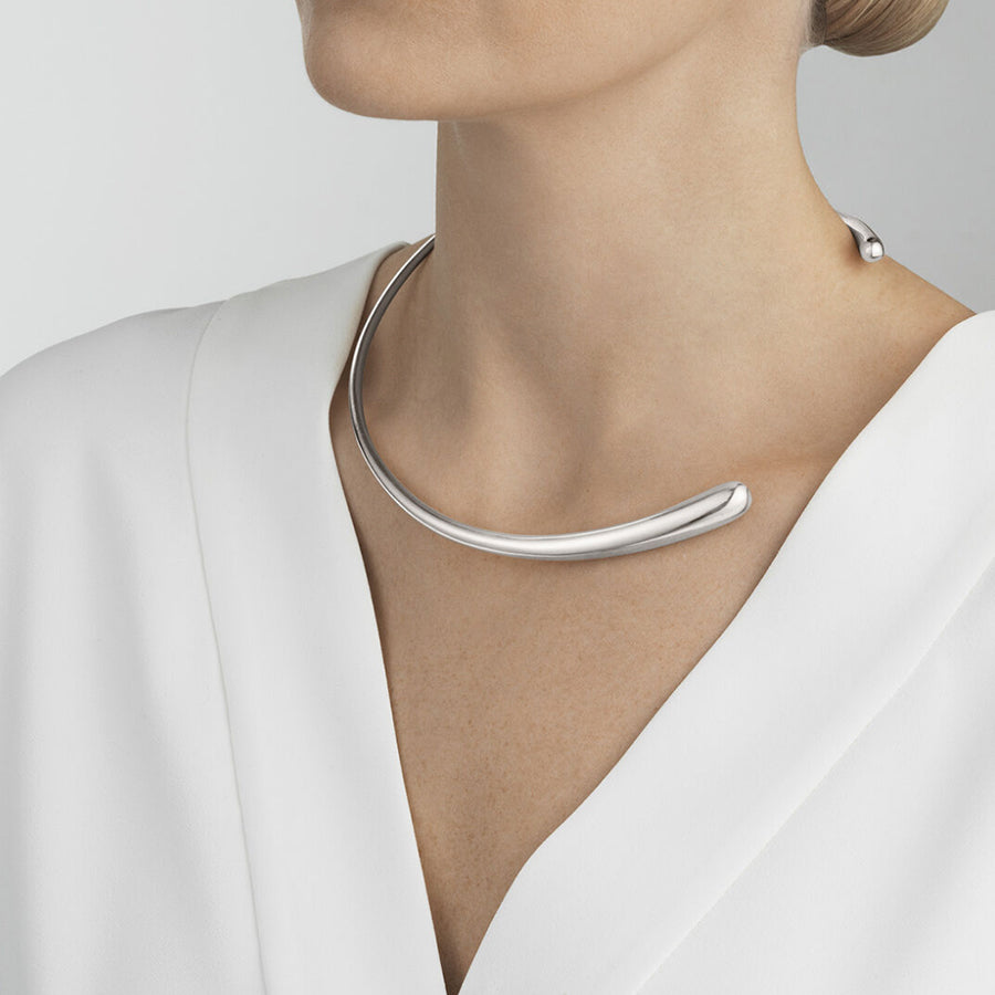 Georg Jensen Silver Mercy Neckring 3 quarter view on a model